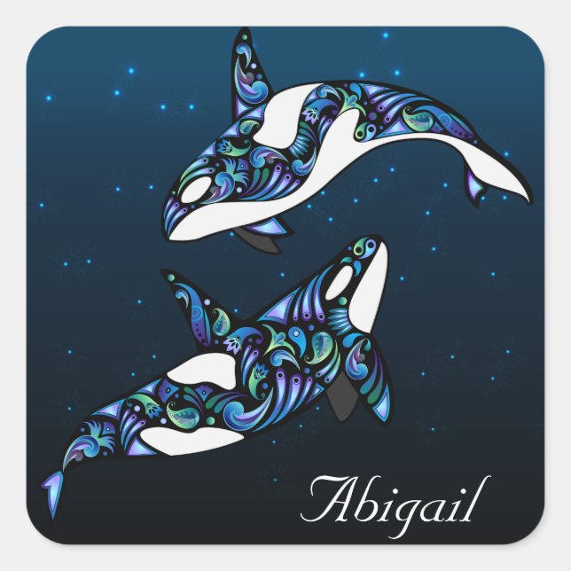 Personalized Beautiful Orca Whale Couple Square Sticker (Front)