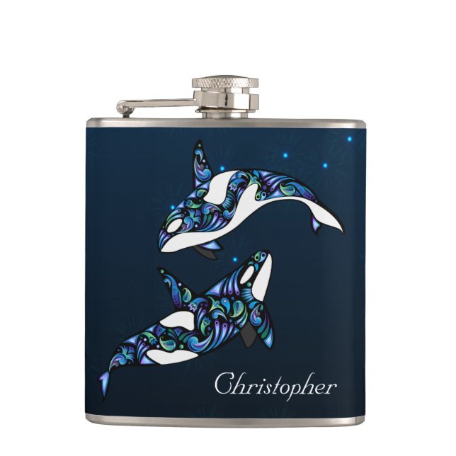 Personalized Beautiful Orca Whales Beach Wedding Flask (Front)