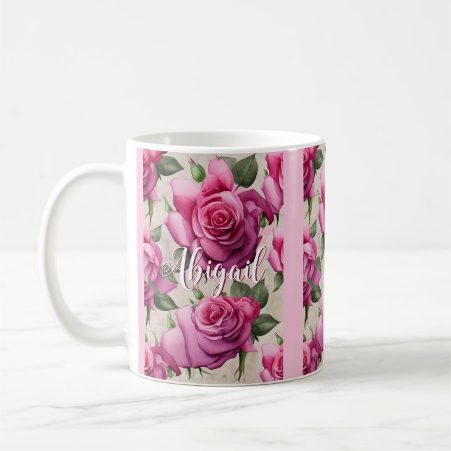 Personalized Beautiful Pink Roses Floral Flowers Coffee Mug (Left)