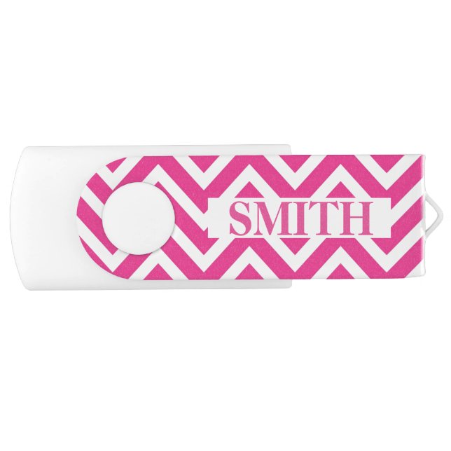 Personalized Beautiful Pink & White Zigzag Chevron USB Flash Drive (Front)