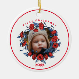 Personalized Beautiful Poppy Wreath Ceramic Ornament