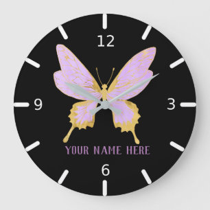 Personalized Beautiful Purple & Gold Butterfly Large Clock