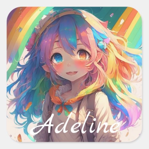 Personalized Beautiful Rainbow Anime Girl Square Sticker