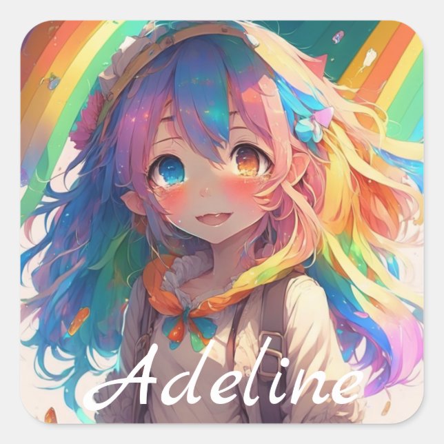 Personalized Beautiful Rainbow Anime Girl Square Sticker (Front)