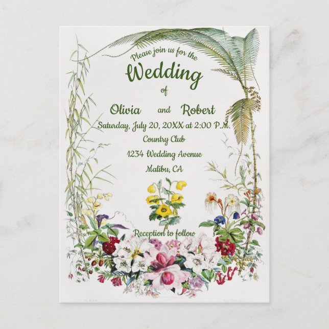Personalized beautiful tropical floral wedding postcard (Front)