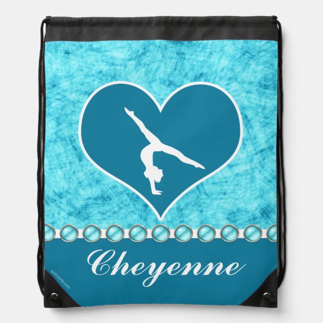 Personalized Beautiful Turquoise Gymnastics Drawstring Bag (Front)