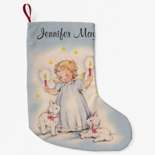 Personalized Beautiful Vintage Angel with Lambs Small Christmas Stocking