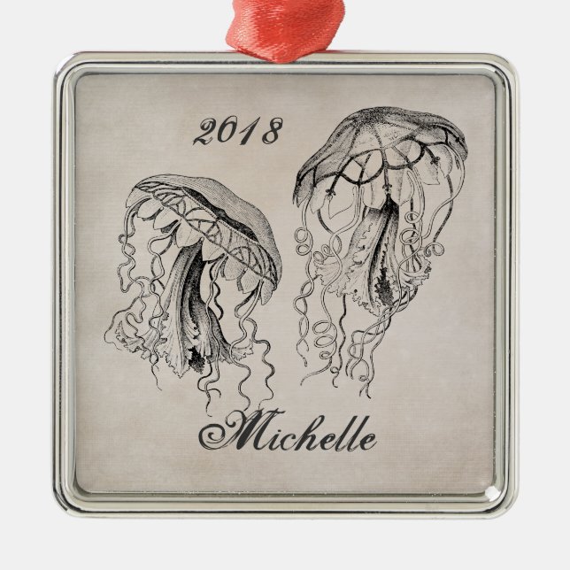 Personalized Beautiful Vintage Jellyfish Beach Metal Ornament (Front)