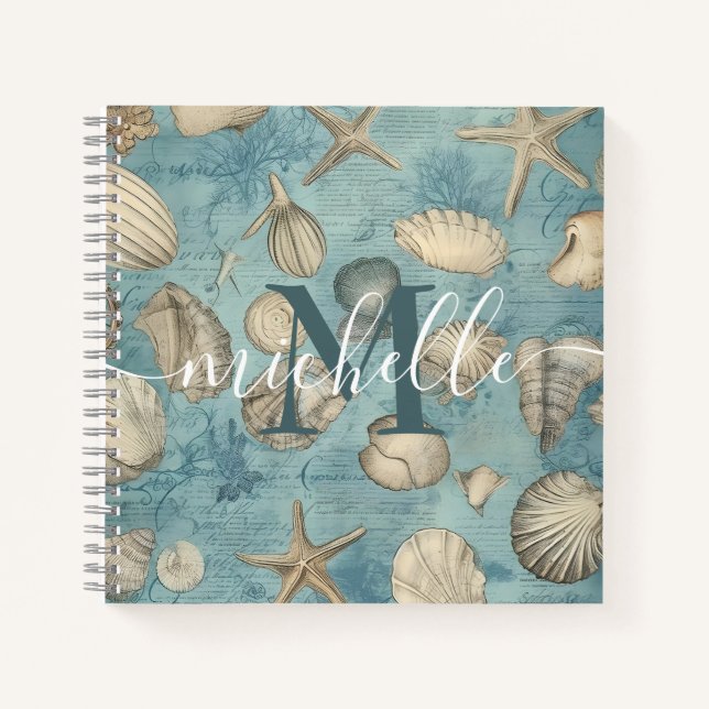 Personalized Beautiful Vintage Seashells In Blue Notebook (Front)