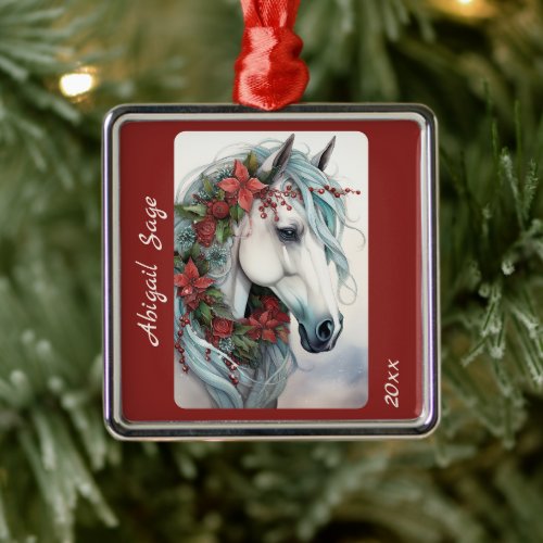 Personalized Beautiful White Horse Christmas Metal Ornament