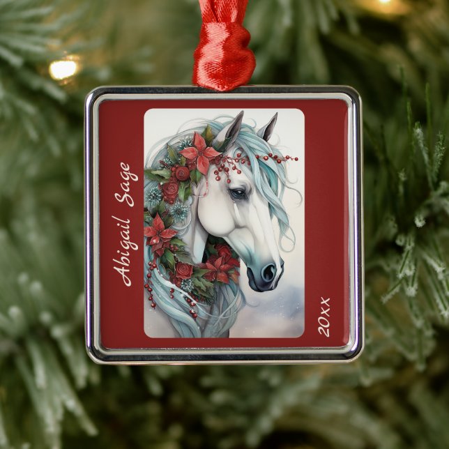 Personalized Beautiful White Horse Christmas Metal Ornament (Tree)