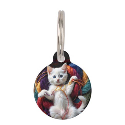 Personalized Beautiful White Kitten Playing Yarn Pet ID Tag