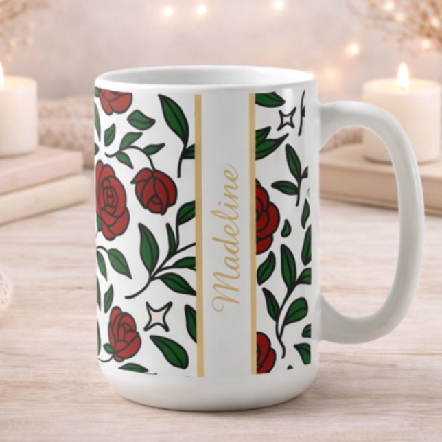 Personalized Beauty and Beast Garden Rose Name Red Coffee Mug (Creator Uploaded)