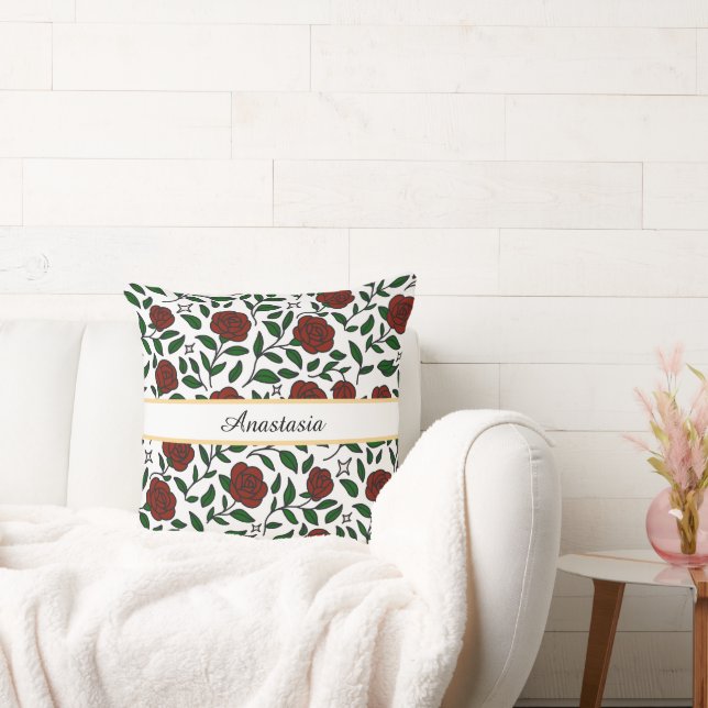 Personalized Beauty and Beast Garden Rose Name Red Throw Pillow (Couch)