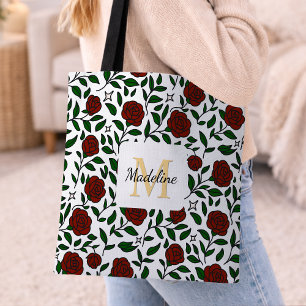 Personalized Beauty and Beast Garden Rose Name Red Tote Bag