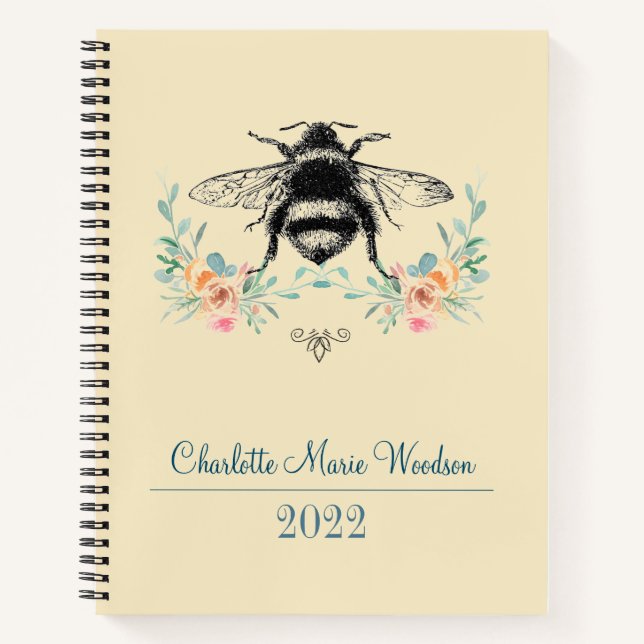 Personalized Bee Blush Pink Green Floral Notebook (Front)