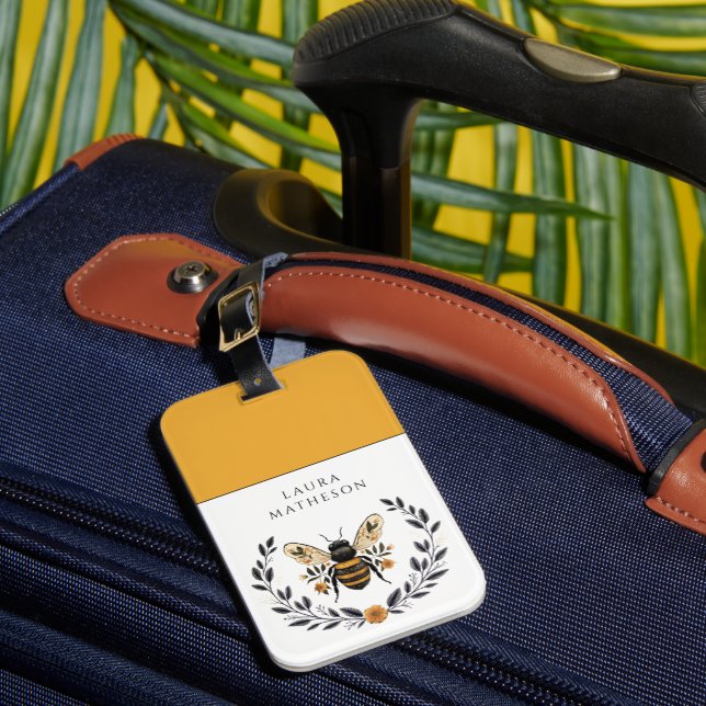 Personalized Bee Floral Laurel Luggage Tag (Front Insitu 1)