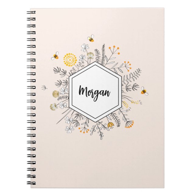 Personalized Bee Floral Name Hexagon Flower Notebook (Front)