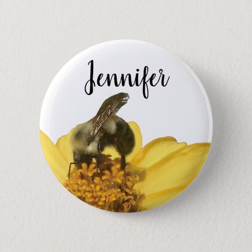 Personalized Bee on a Yellow Flower Nature Photo Button
