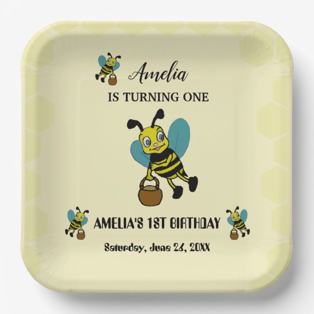 Personalized Bee theme 1st Birthday party Paper Plates (Front)