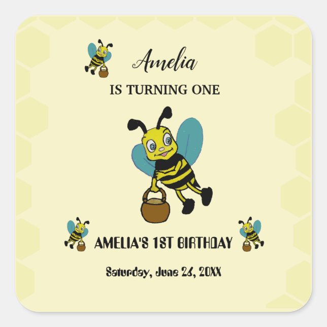 Personalized Bee theme 1st Birthday party Square Sticker (Front)