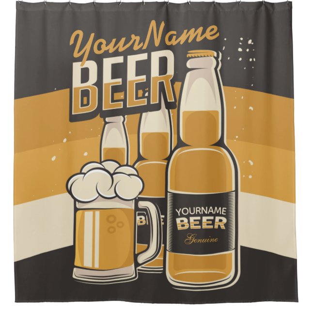 Personalized Beer Bottle Sudsy Mug Brewing Bar Shower Curtain (Front)