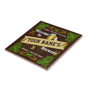 Personalized Beer Brewery Welcome with Hops Barley Ceramic Tile