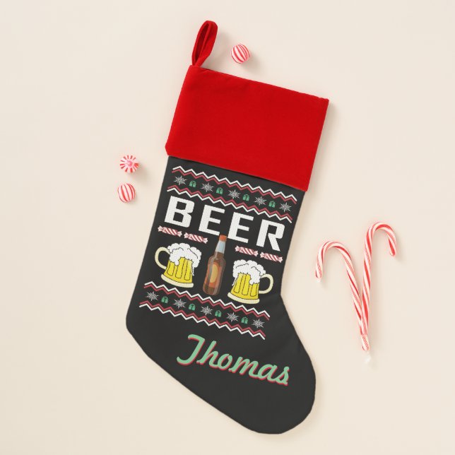 Personalized Beer Drinking Ugly Christmas Sweater Stocking (Front)