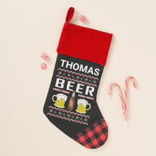 Personalized Beer Ugly Christmas Sweater Red Plaid Christmas Stocking