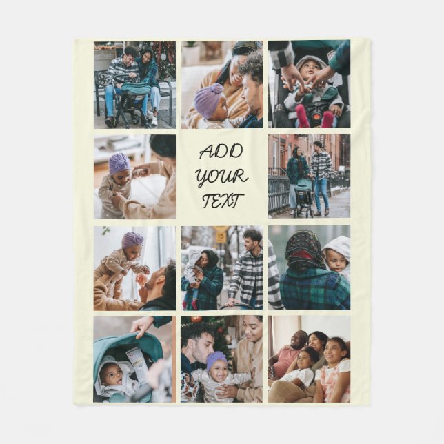 Personalized Beige 11 Photo Collage Fleece Blanket (Front)