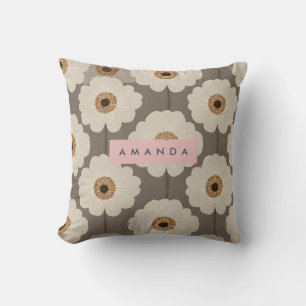 Personalized Beige and Brown Mid-Century Flower Throw Pillow
