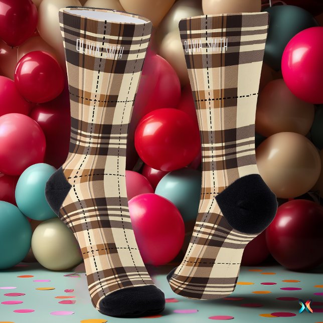 Personalized Beige and Brown Tartan Plaid Custom  Socks (Creator Uploaded)