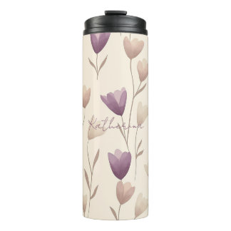 Personalized Beige and Purple Floral Pattern Thermal Tumbler