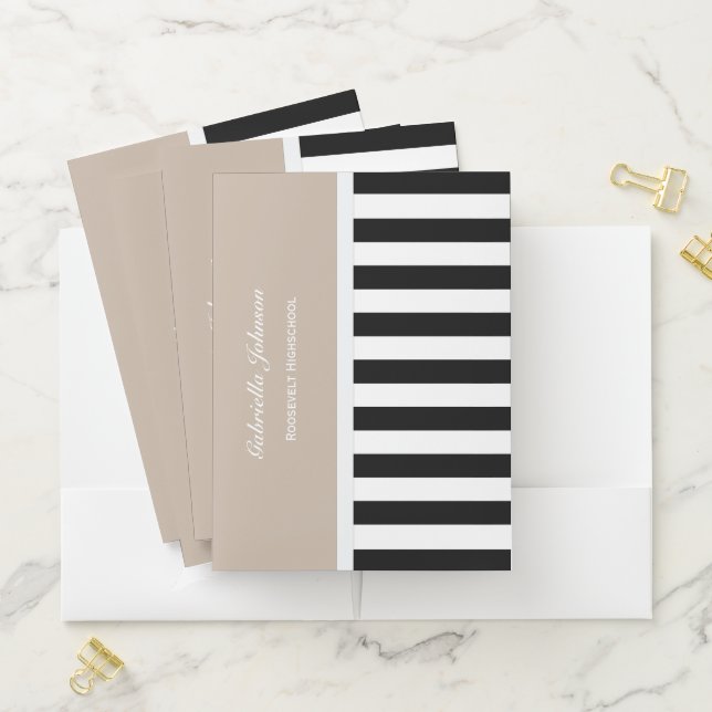 Personalized Beige Black And White Striped Folder (In Situ)