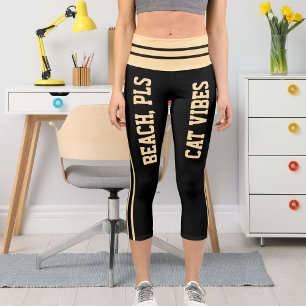 Personalized Beige Black Stripes Pet Cat Themed Capri Leggings