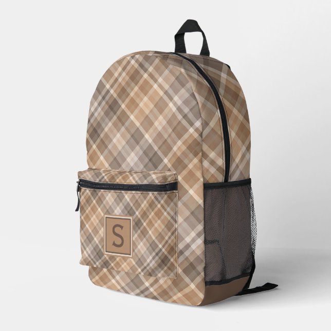 Personalized Beige Brown Taupe Plaid Pattern Printed Backpack (Back Corner Right)