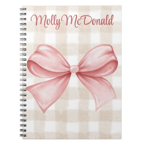 Personalized beige checkered pattern with pink bow notebook