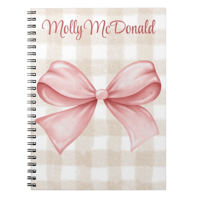 Personalized beige checkered pattern with pink bow notebook (Front)