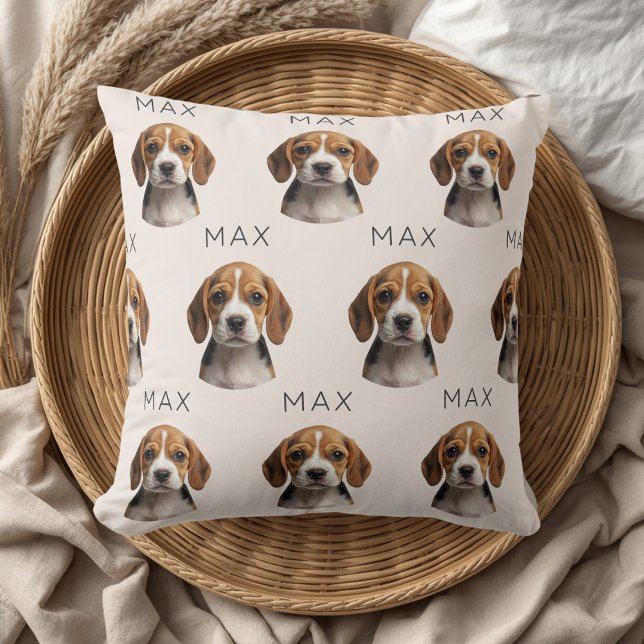 Personalized Beige Dog Photo & Name Pattern Throw Pillow (Creator Uploaded)