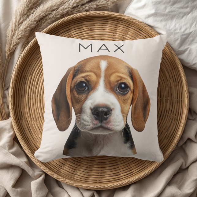 Personalized Beige Dog Photo & Name Throw Pillow (Creator Uploaded)