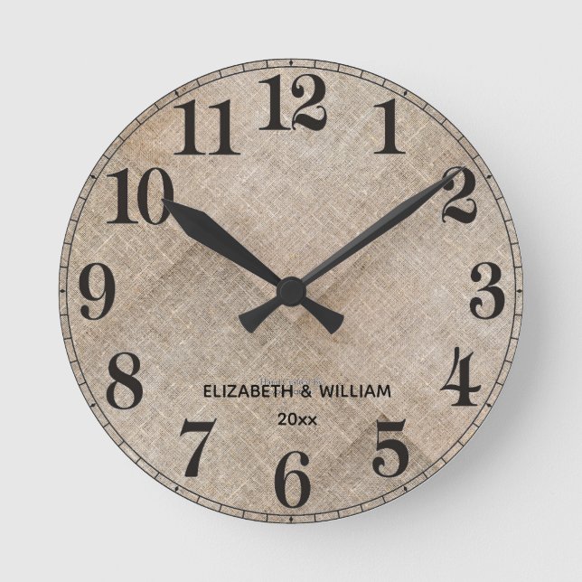 Personalized Beige Faux Linen Round Clock (Front)