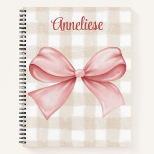 Personalized beige gingham & pink coquette bow notebook