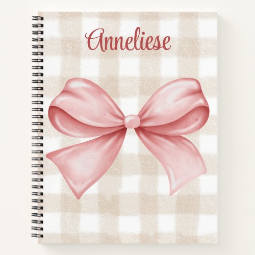 Personalized beige gingham  pink coquette bow notebook