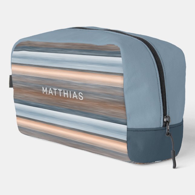 Personalized Beige Gray Teal Blue Brown Stripes Dopp Kit (Right Corner)