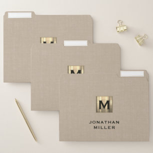 Personalized Beige Linen and Gold Monogram File Folder