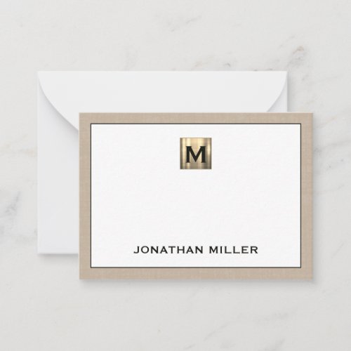 Personalized Beige Linen Gold Monogram Note Card