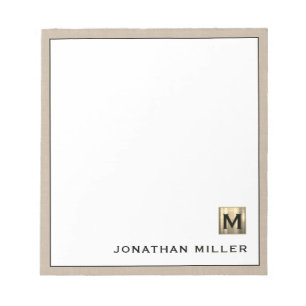 Personalized Beige Linen Gold Monogram Notepad