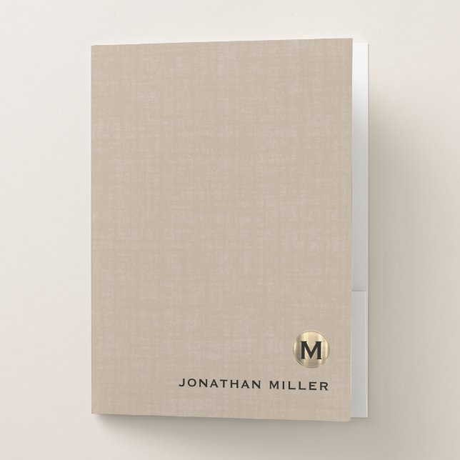 Personalized Beige Linen Gold Monogram Pocket Folder (Front)