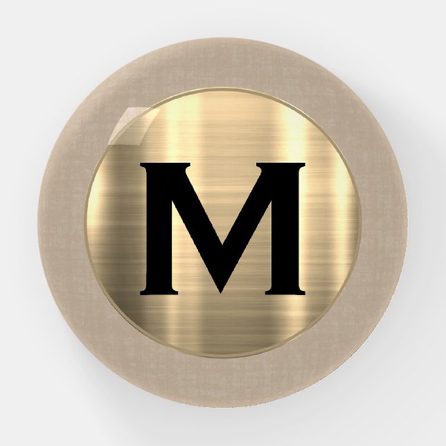 Personalized Beige Linen Round Gold Monogram Paperweight (Front)