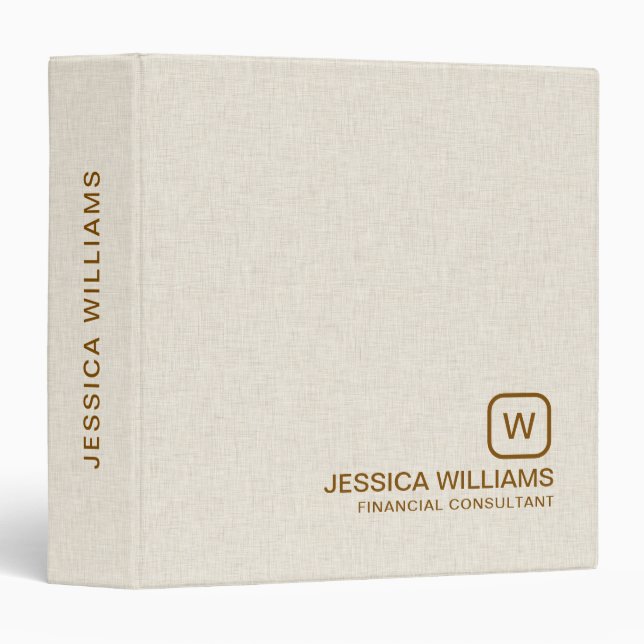Personalized beige linen simple brown typography 3 ring binder (Front/Spine)